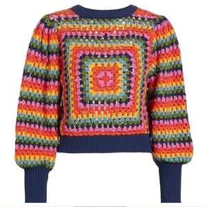Farm Rio Rainbow Sunset Stripes Crochet Sweater Hippie Size Medium